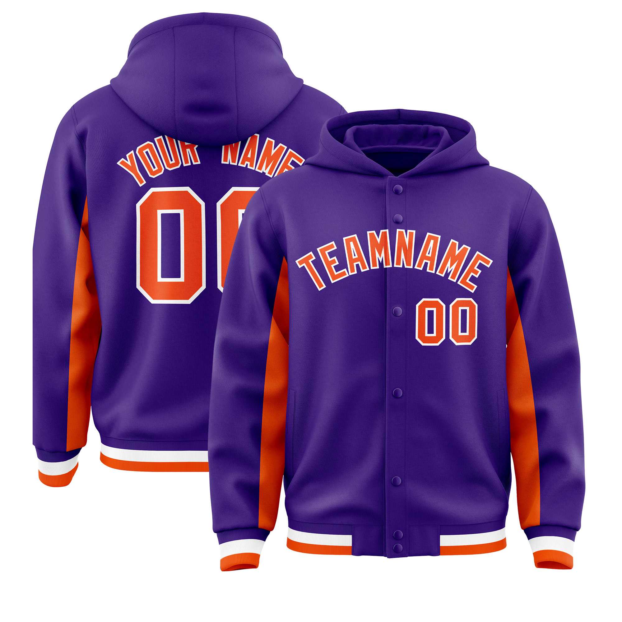 Custom Purple Orange Color Block Varsity Full-Snap Letterman Hoodie Jacket