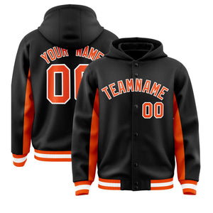 Custom Black Orange Color Block Varsity Full-Snap Letterman Hoodie Jacket