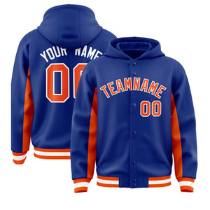 Custom Royal Orange Color Block Varsity Full-Snap Letterman Hoodie Jacket