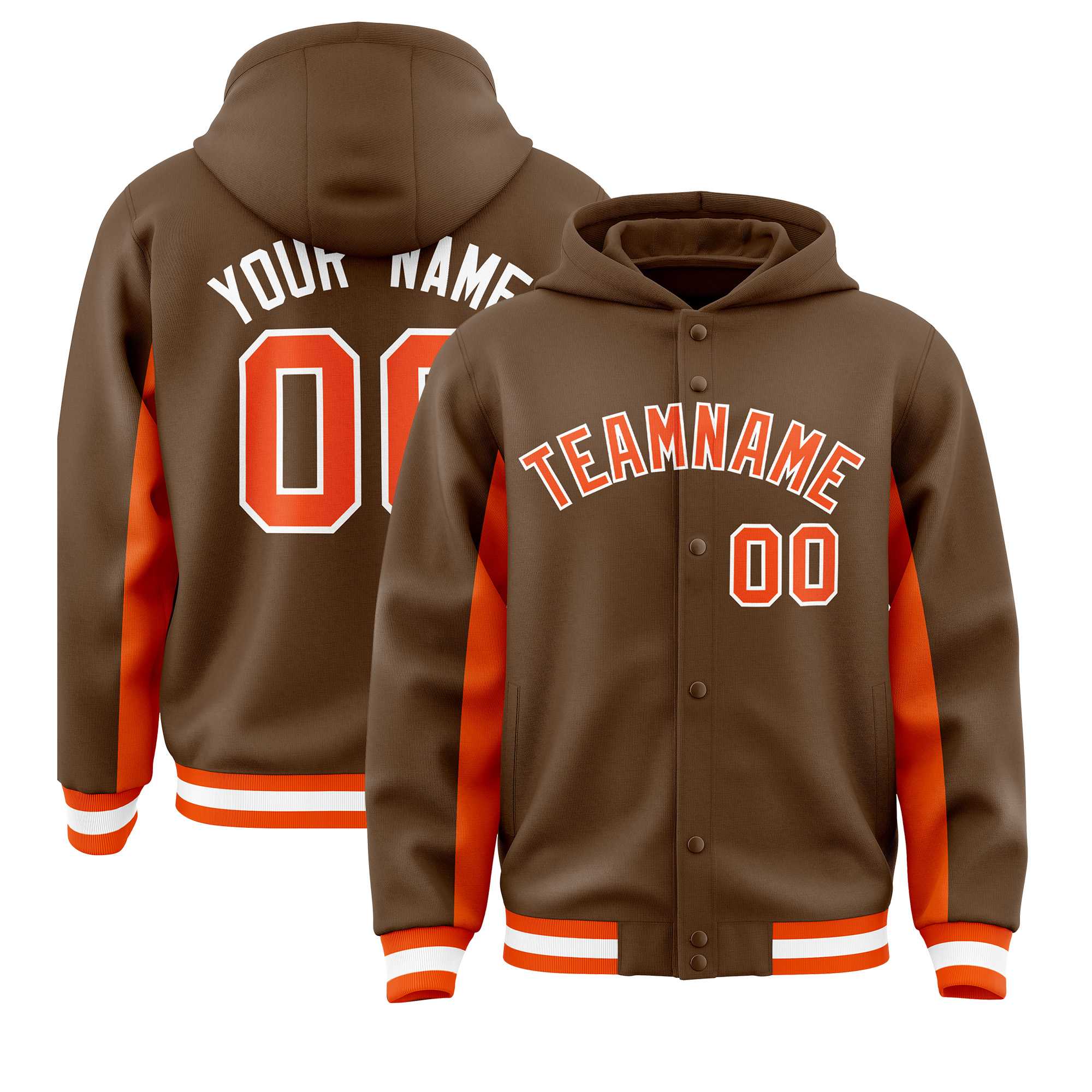 Custom Light Brown Orange Color Block Varsity Full-Snap Letterman Hoodie Jacket