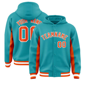 Custom Aqua Orange Color Block Varsity Full-Snap Letterman Hoodie Jacket