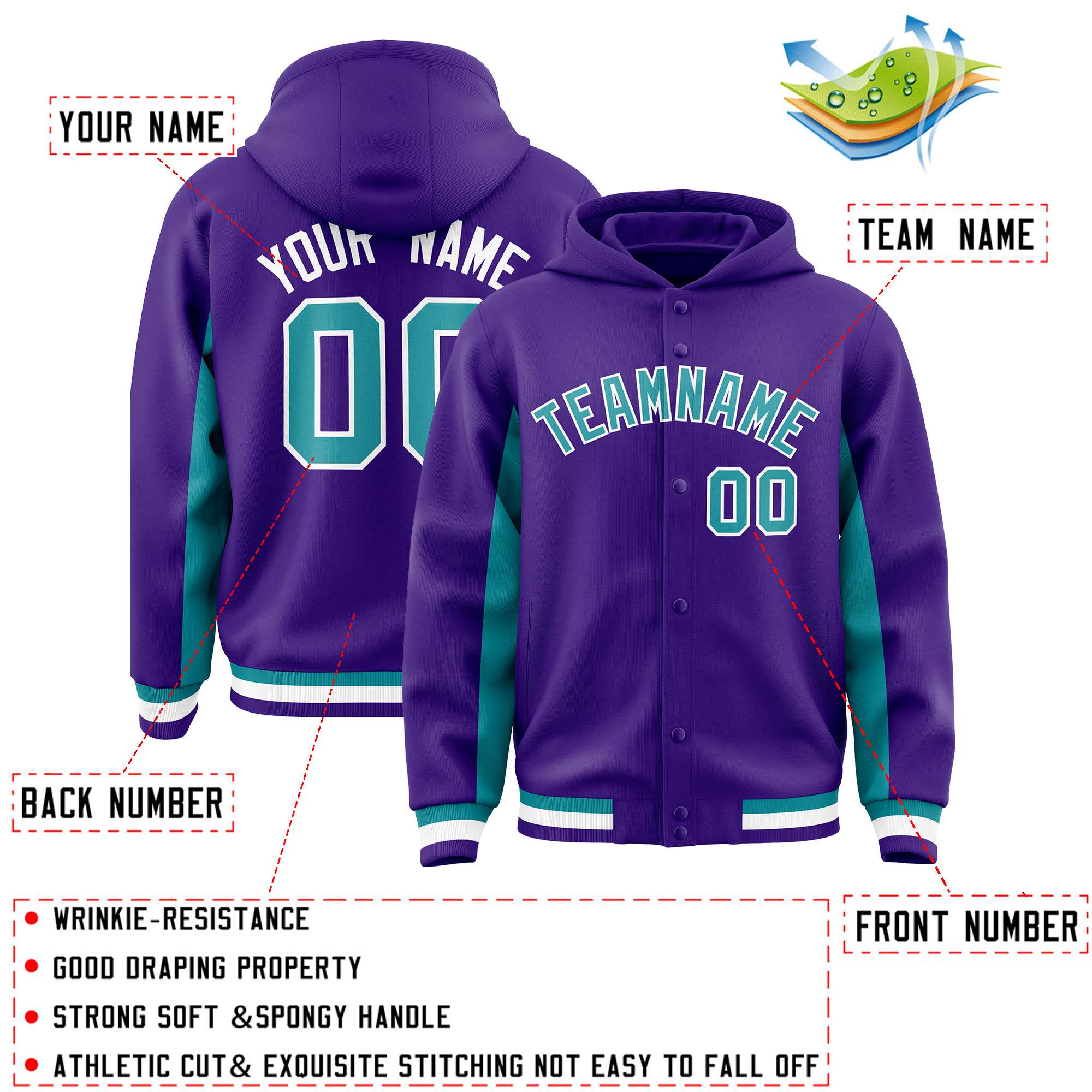 Custom Purple Aqua Color Block Varsity Full-Snap Letterman Hoodie Jacket