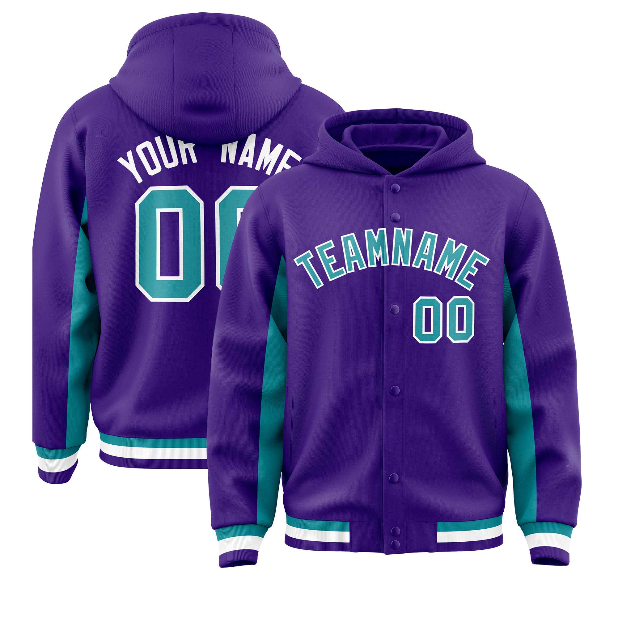 Custom Purple Aqua Color Block Varsity Full-Snap Letterman Hoodie Jacket