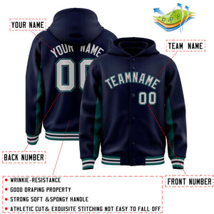 Custom Navy Aqua Color Block Varsity Full-Snap Letterman Hoodie Jacket