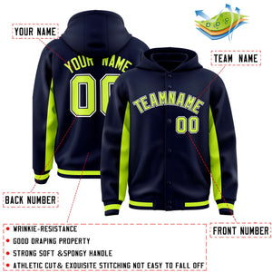 Custom Navy Neon Green Color Block Varsity Full-Snap Letterman Hoodie Jacket