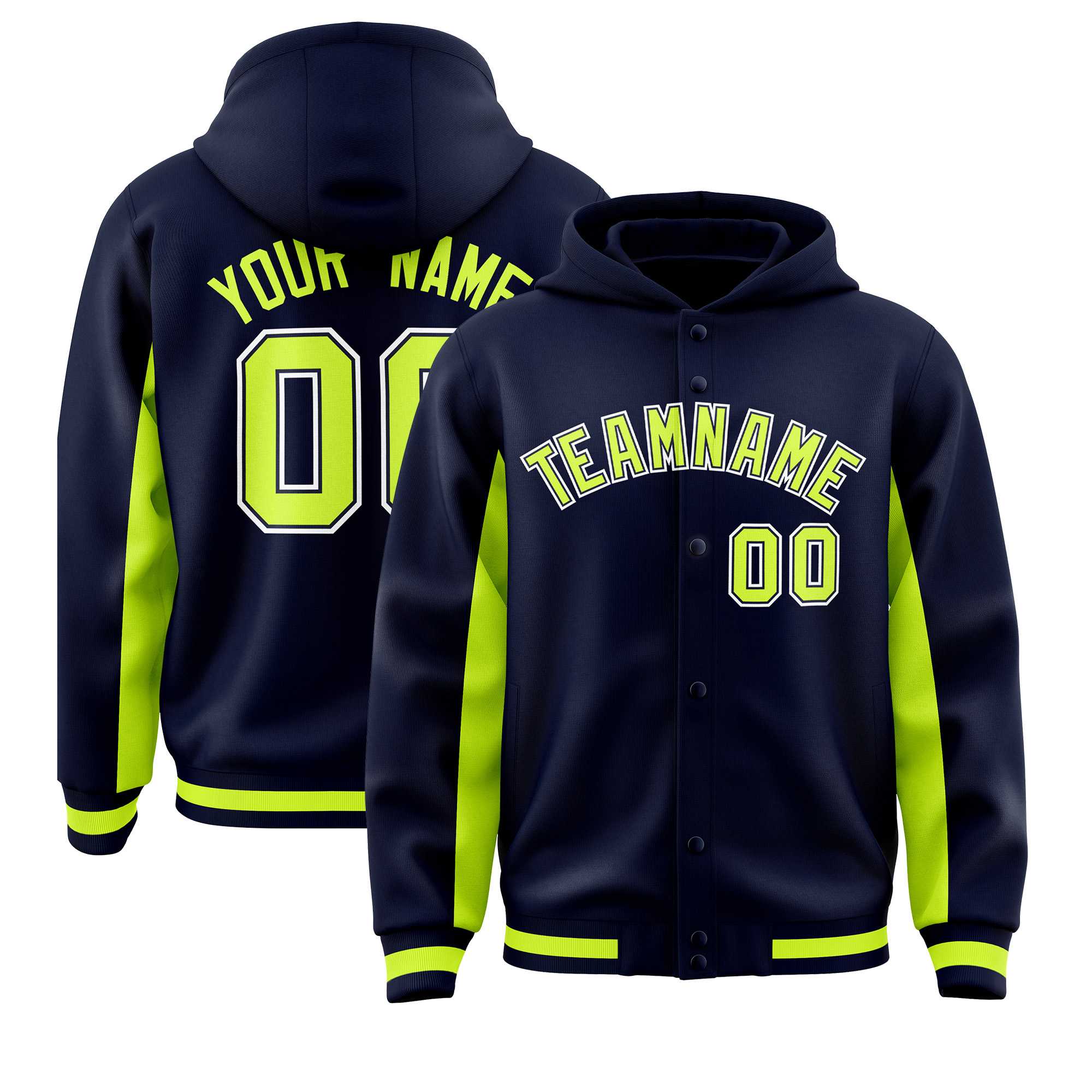 Custom Navy Neon Green Color Block Varsity Full-Snap Letterman Hoodie Jacket