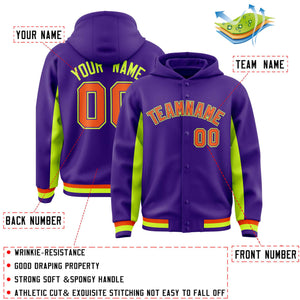 Custom Purple Neon Green Color Block Varsity Full-Snap Letterman Hoodie Jacket