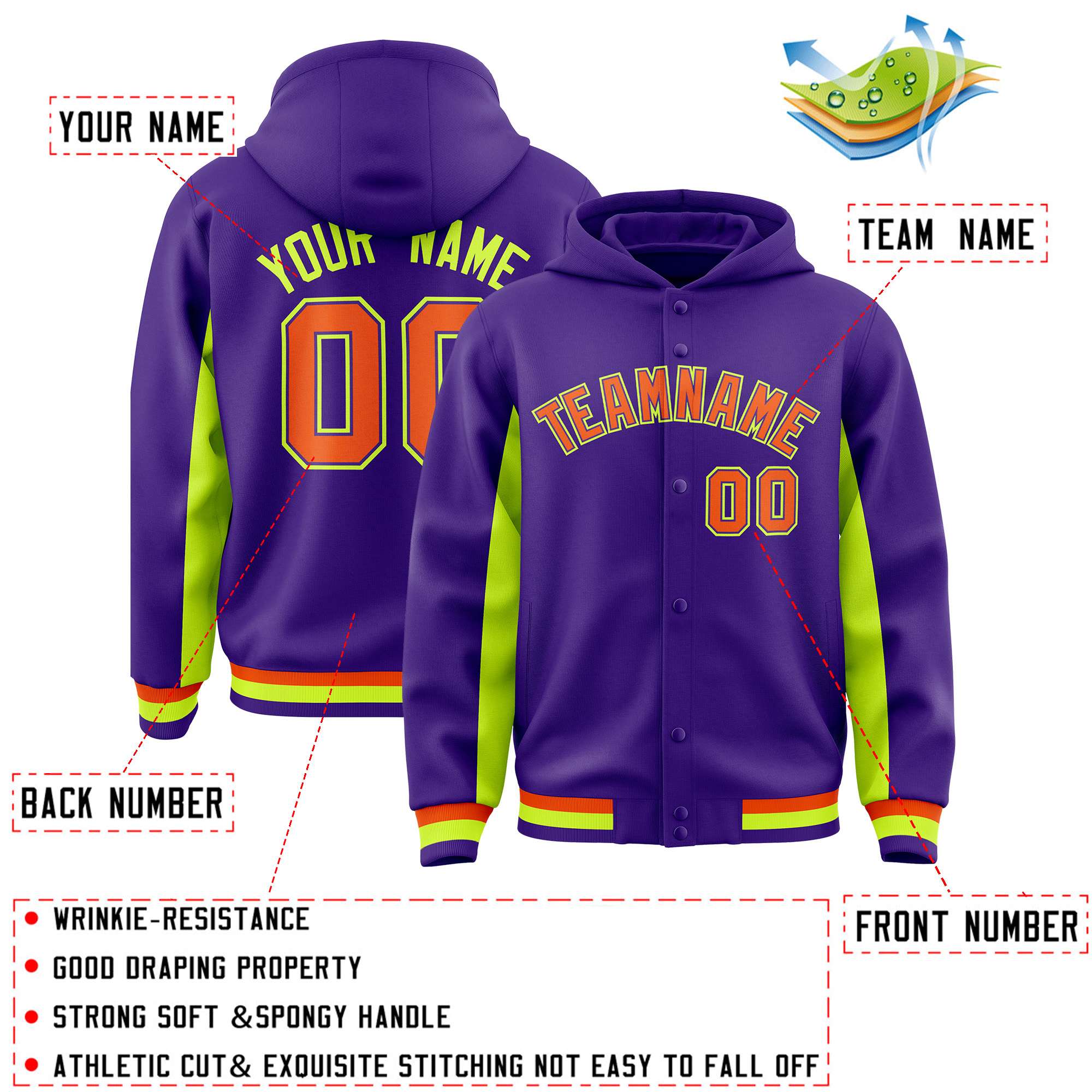 Custom Purple Neon Green Color Block Varsity Full-Snap Letterman Hoodie Jacket