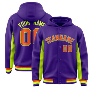 Custom Purple Neon Green Color Block Varsity Full-Snap Letterman Hoodie Jacket