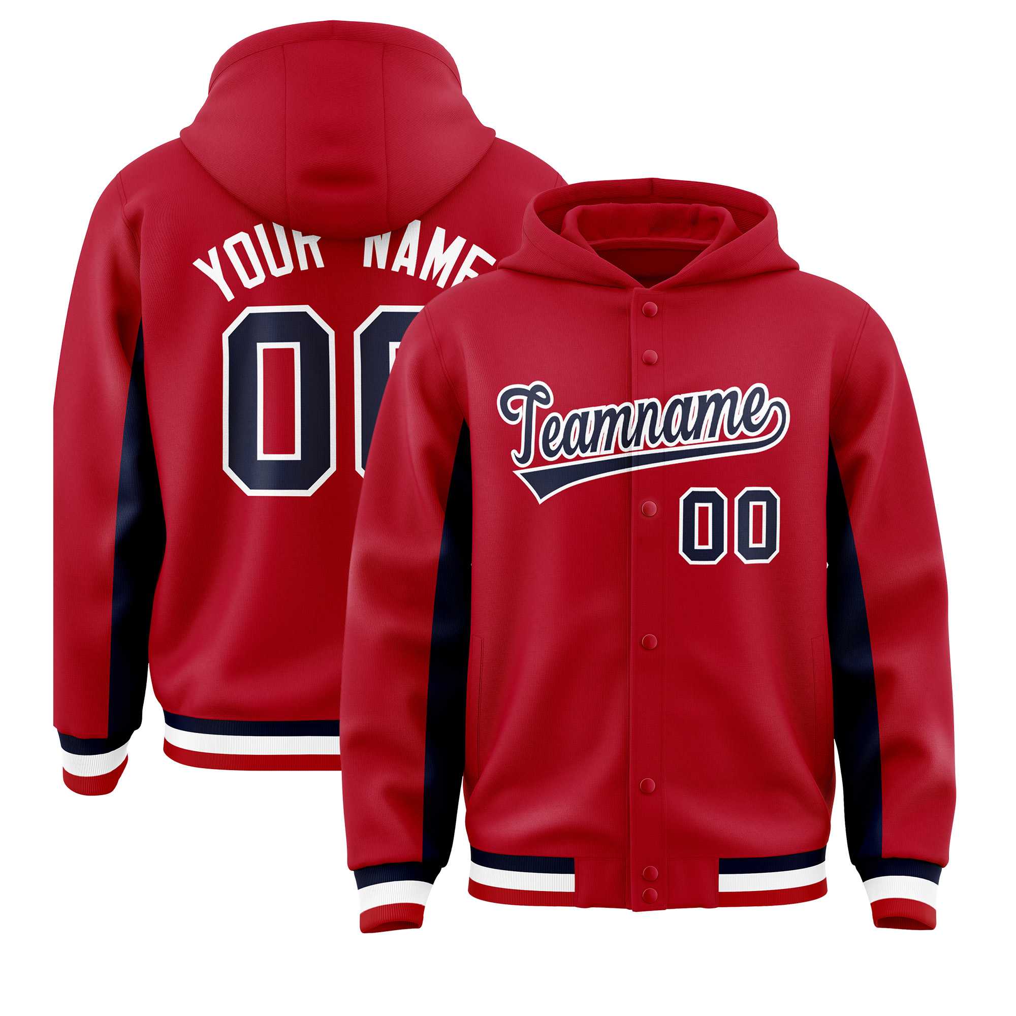 Custom Red Navy Color Block Varsity Full-Snap Letterman Hoodie Jacket