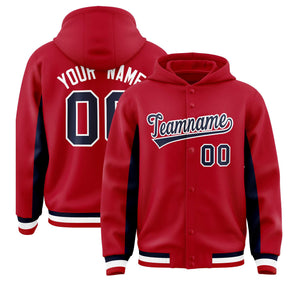 Custom Red Navy Color Block Varsity Full-Snap Letterman Hoodie Jacket