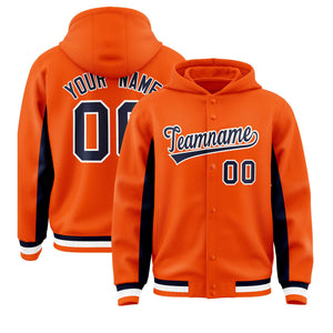 Custom Orange Navy Color Block Varsity Full-Snap Letterman Hoodie Jacket