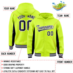 Custom Neon Green Navy Color Block Varsity Full-Snap Letterman Hoodie Jacket