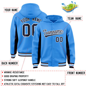 Custom Powder Blue Navy Color Block Varsity Full-Snap Letterman Hoodie Jacket