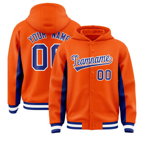 Custom Orange Royal Color Block Varsity Full-Snap Letterman Hoodie Jacket