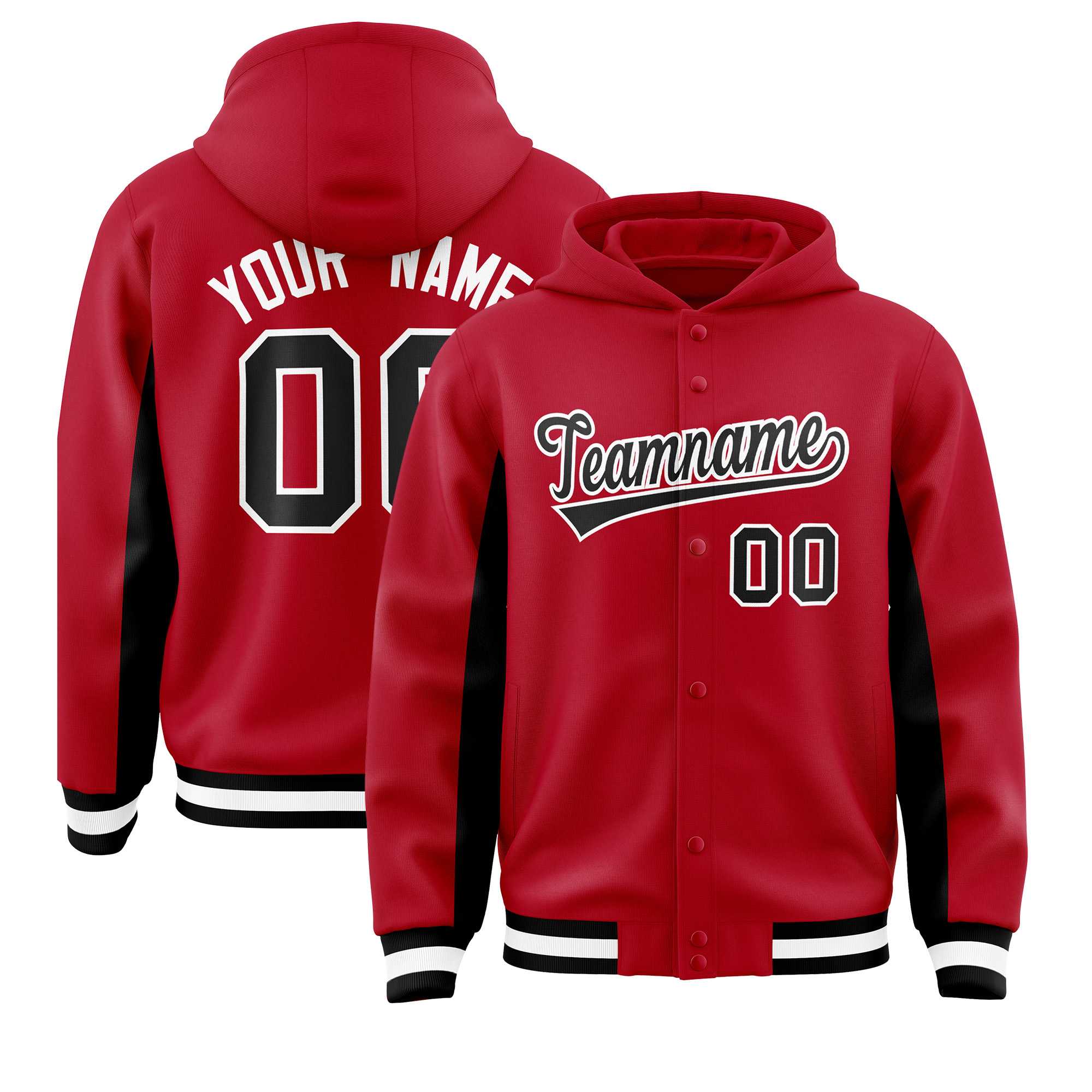 Custom Red Black Color Block Varsity Full-Snap Letterman Hoodie Jacket