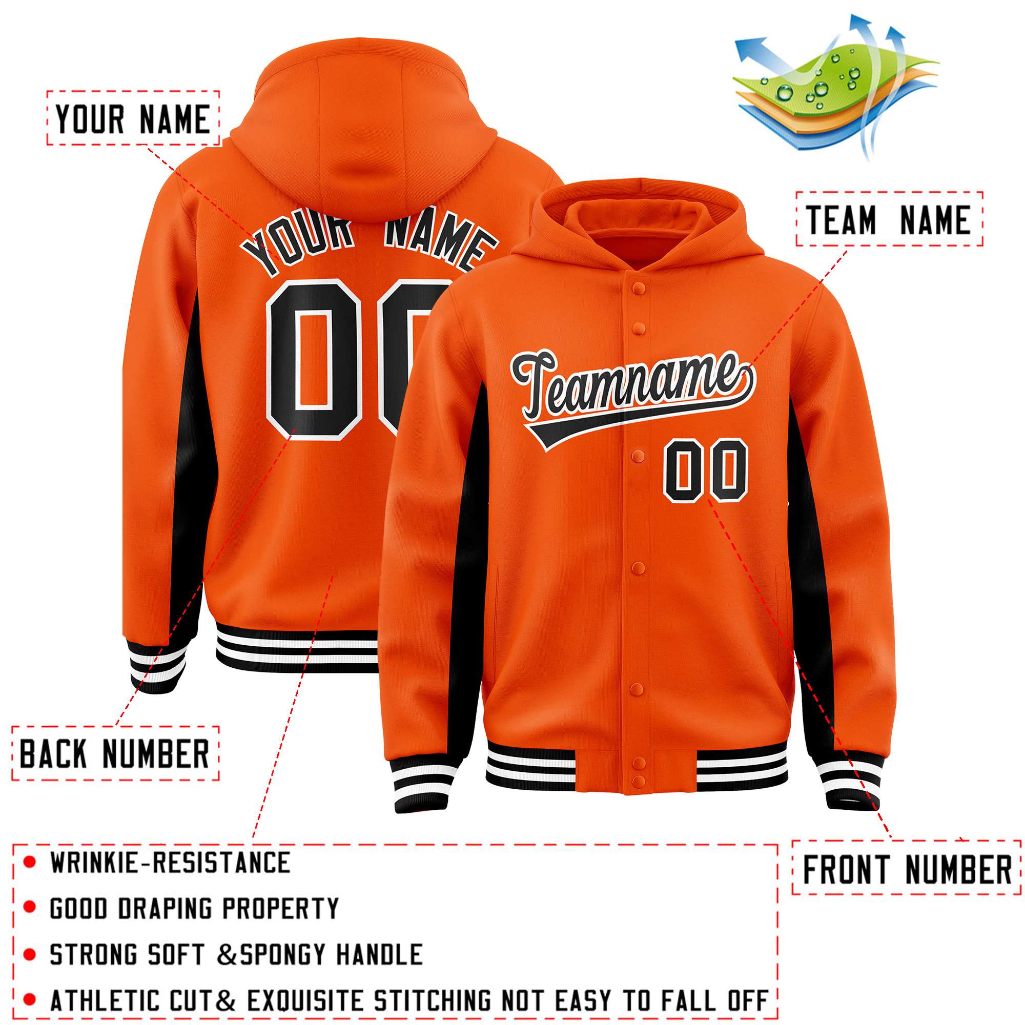 Custom Orange Black Color Block Varsity Full-Snap Letterman Hoodie Jacket