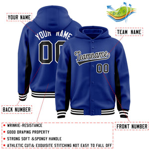 Custom Royal Black Color Block Varsity Full-Snap Letterman Hoodie Jacket