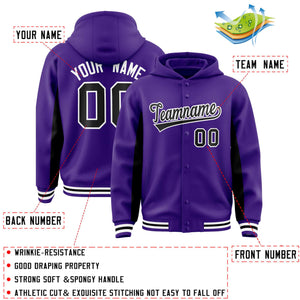 Custom Purple Black Color Block Varsity Full-Snap Letterman Hoodie Jacket