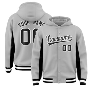 Custom Gray Black Color Block Varsity Full-Snap Letterman Hoodie Jacket