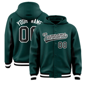 Custom Midnight Green Black Color Block Varsity Full-Snap Letterman Hoodie Jacket