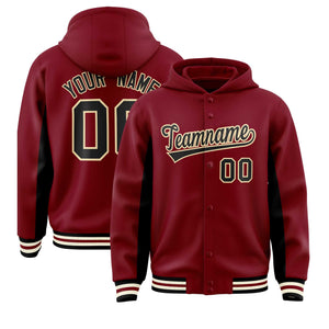 Custom Crimson Black Color Block Varsity Full-Snap Letterman Hoodie Jacket