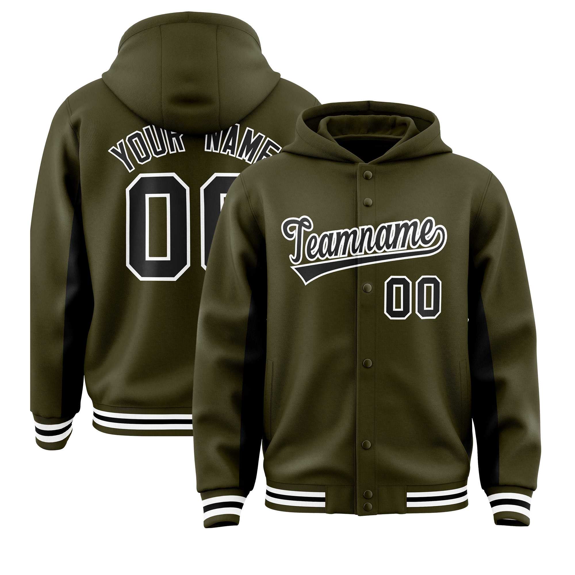 Custom Olive Black Color Block Varsity Full-Snap Letterman Hoodie Jacket