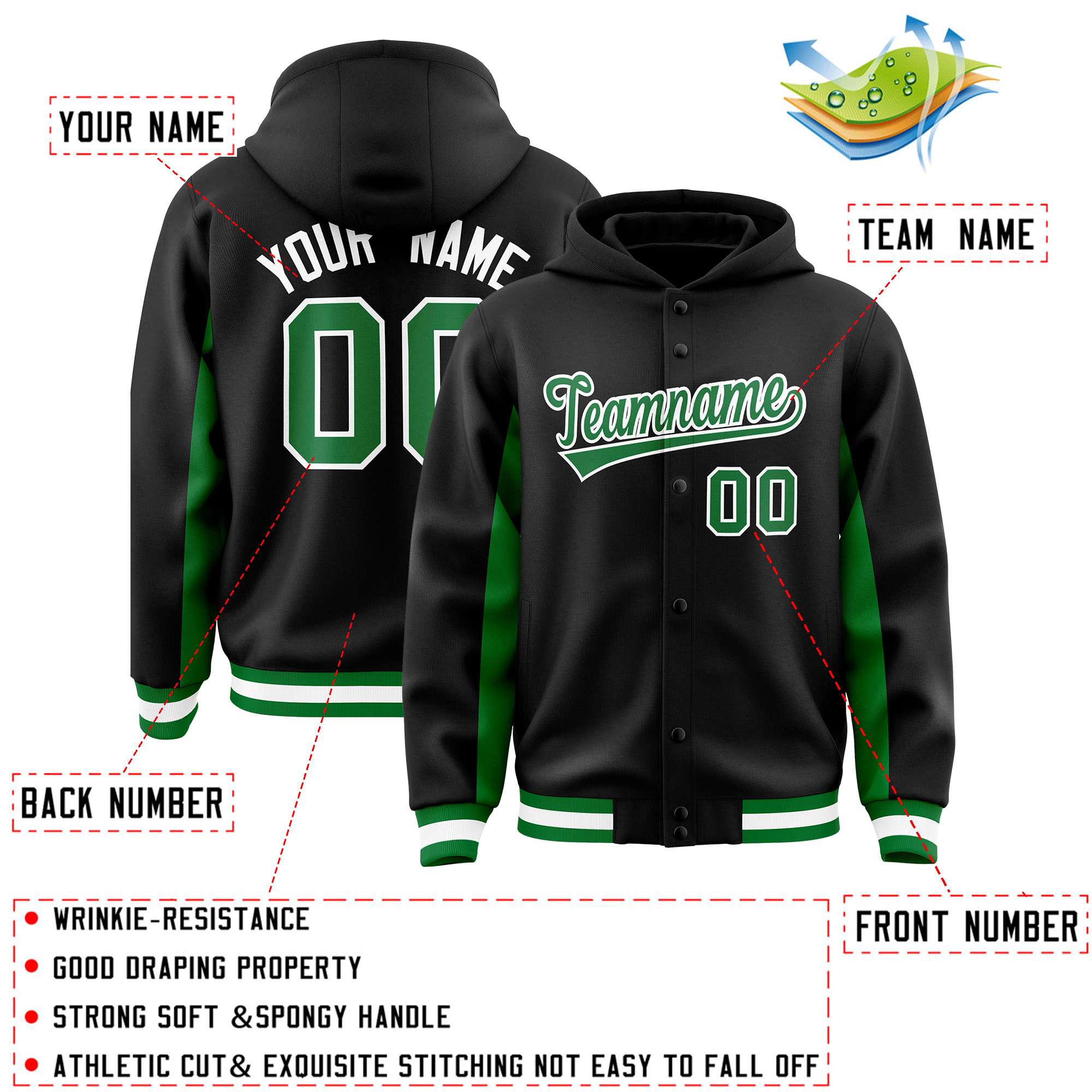 Custom Black Kelly Green Color Block Varsity Full-Snap Letterman Hoodie Jacket