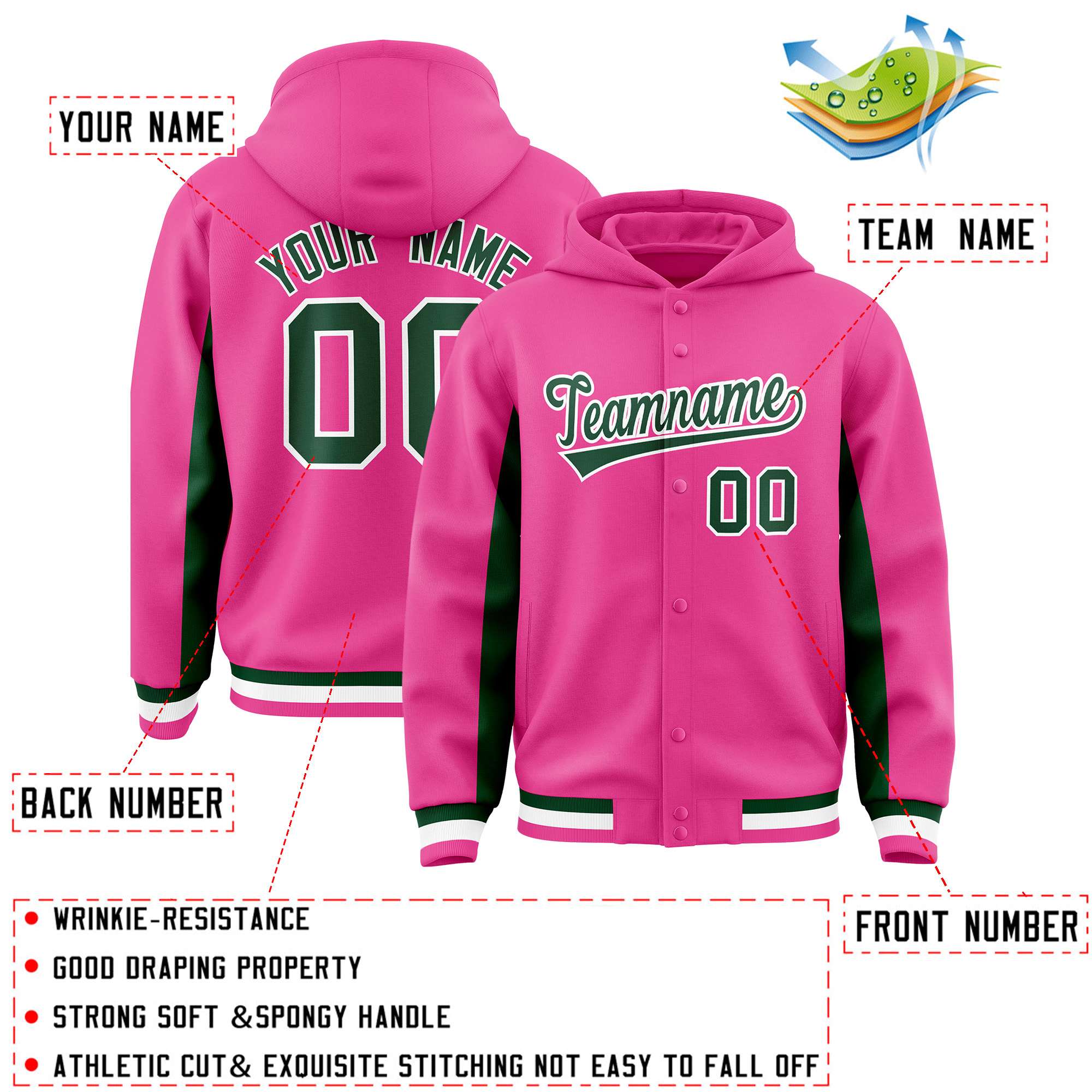 Custom Pink Green Color Block Varsity Full-Snap Letterman Hoodie Jacket