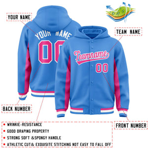 Custom Powder Blue Pink Color Block Varsity Full-Snap Letterman Hoodie Jacket