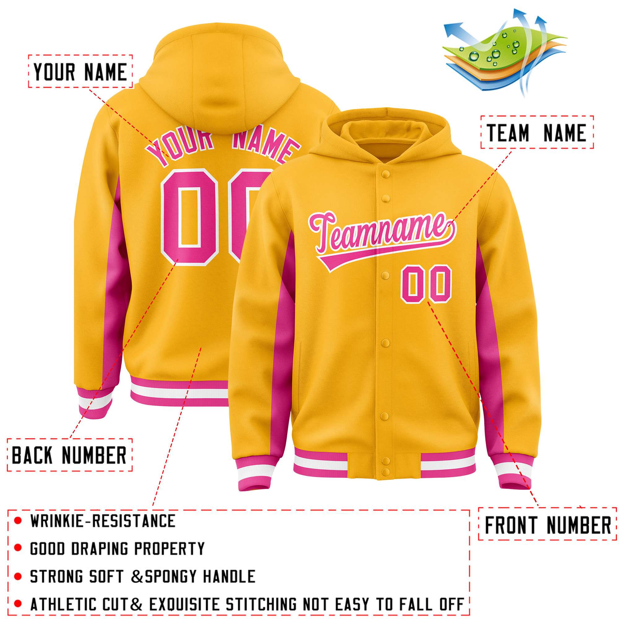 Custom Gold Pink Color Block Varsity Full-Snap Letterman Hoodie Jacket