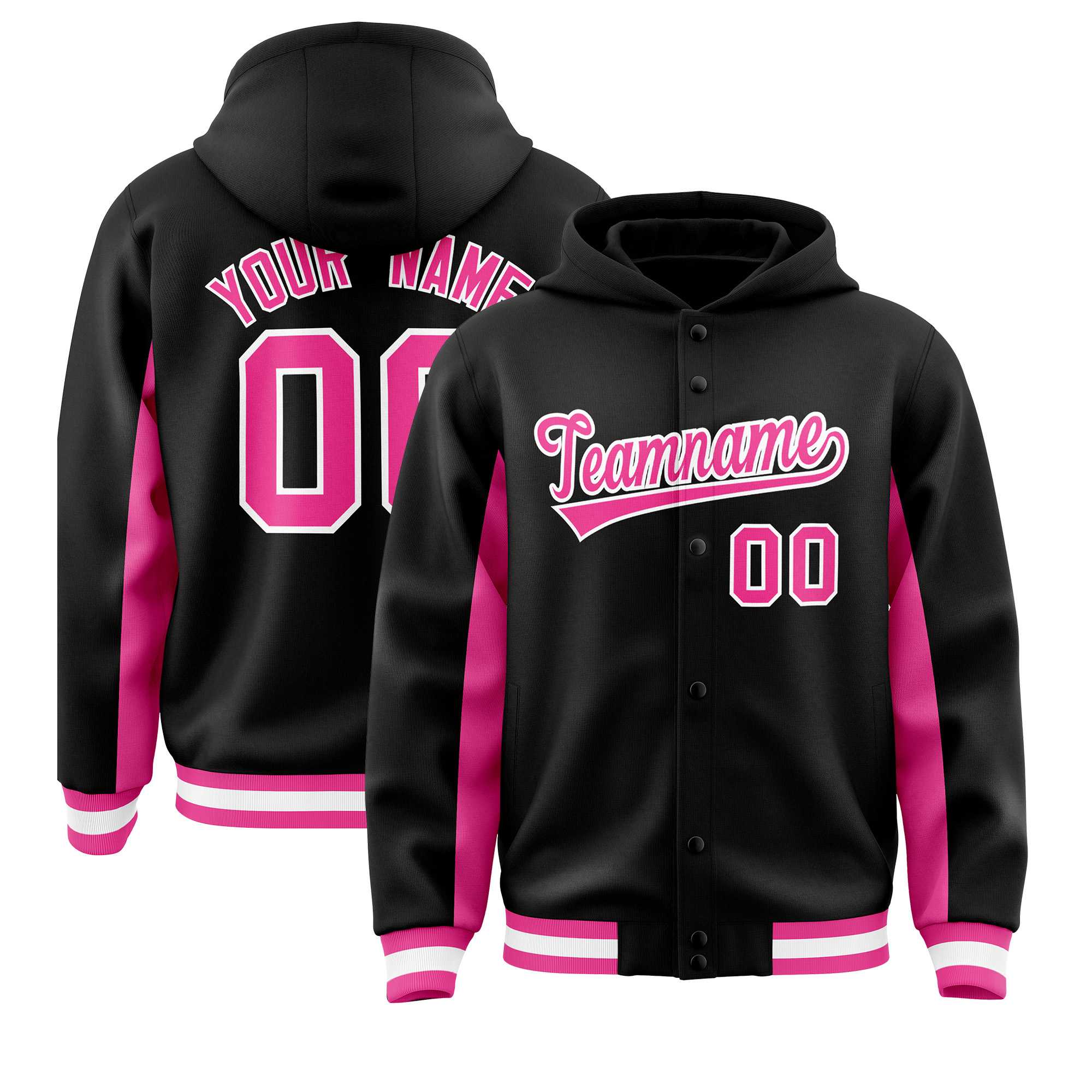 Custom Black Pink Color Block Varsity Full-Snap Letterman Hoodie Jacket