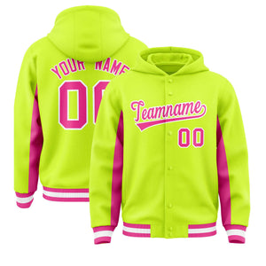 Custom Neon Green Pink Color Block Varsity Full-Snap Letterman Hoodie Jacket