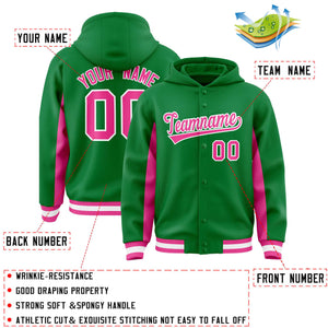 Custom Kelly Green Pink Color Block Varsity Full-Snap Letterman Hoodie Jacket