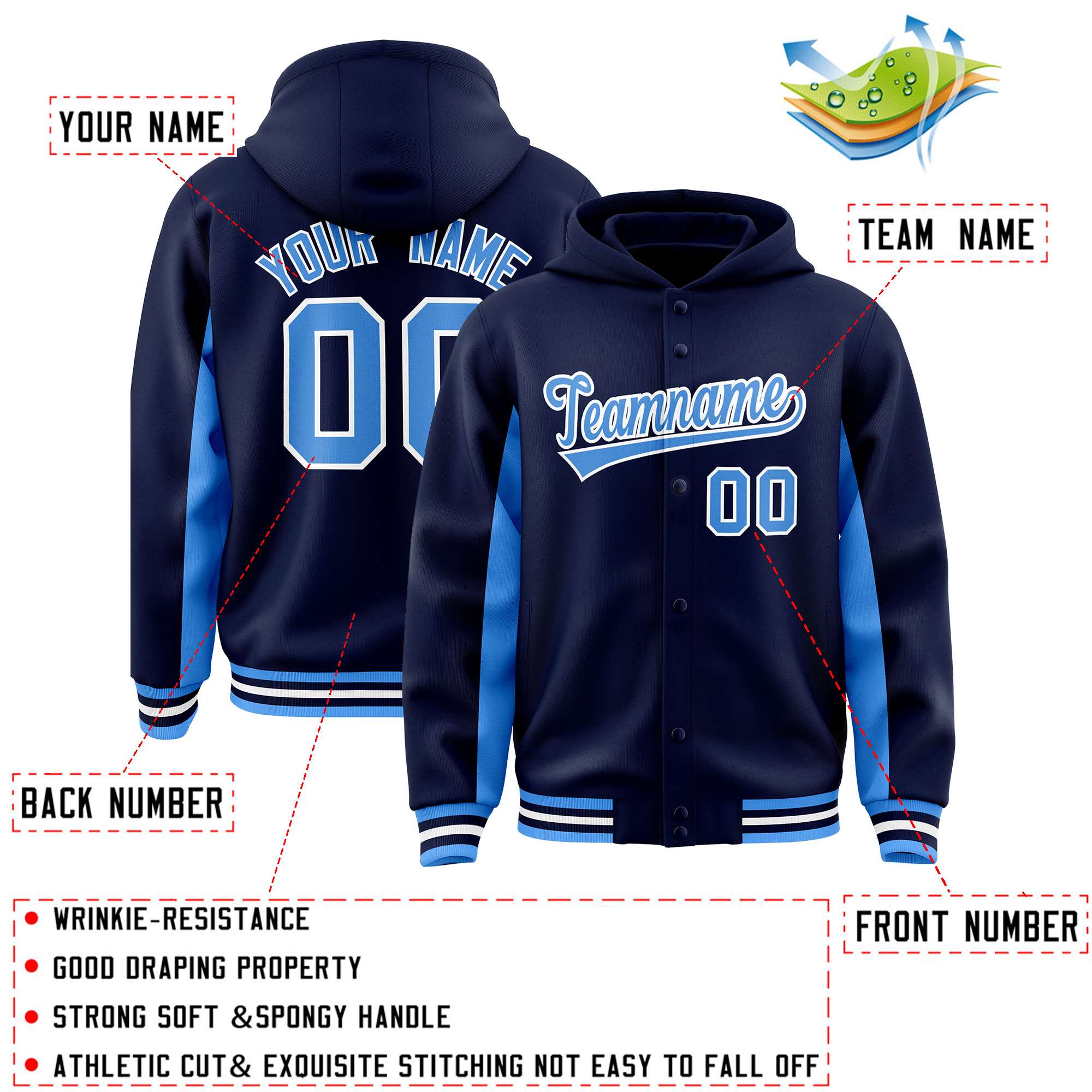 Custom Navy Powder Blue Color Block Varsity Full-Snap Letterman Hoodie Jacket