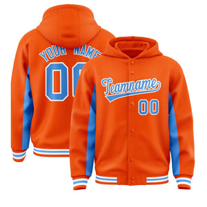 Custom Orange Powder Blue Color Block Varsity Full-Snap Letterman Hoodie Jacket