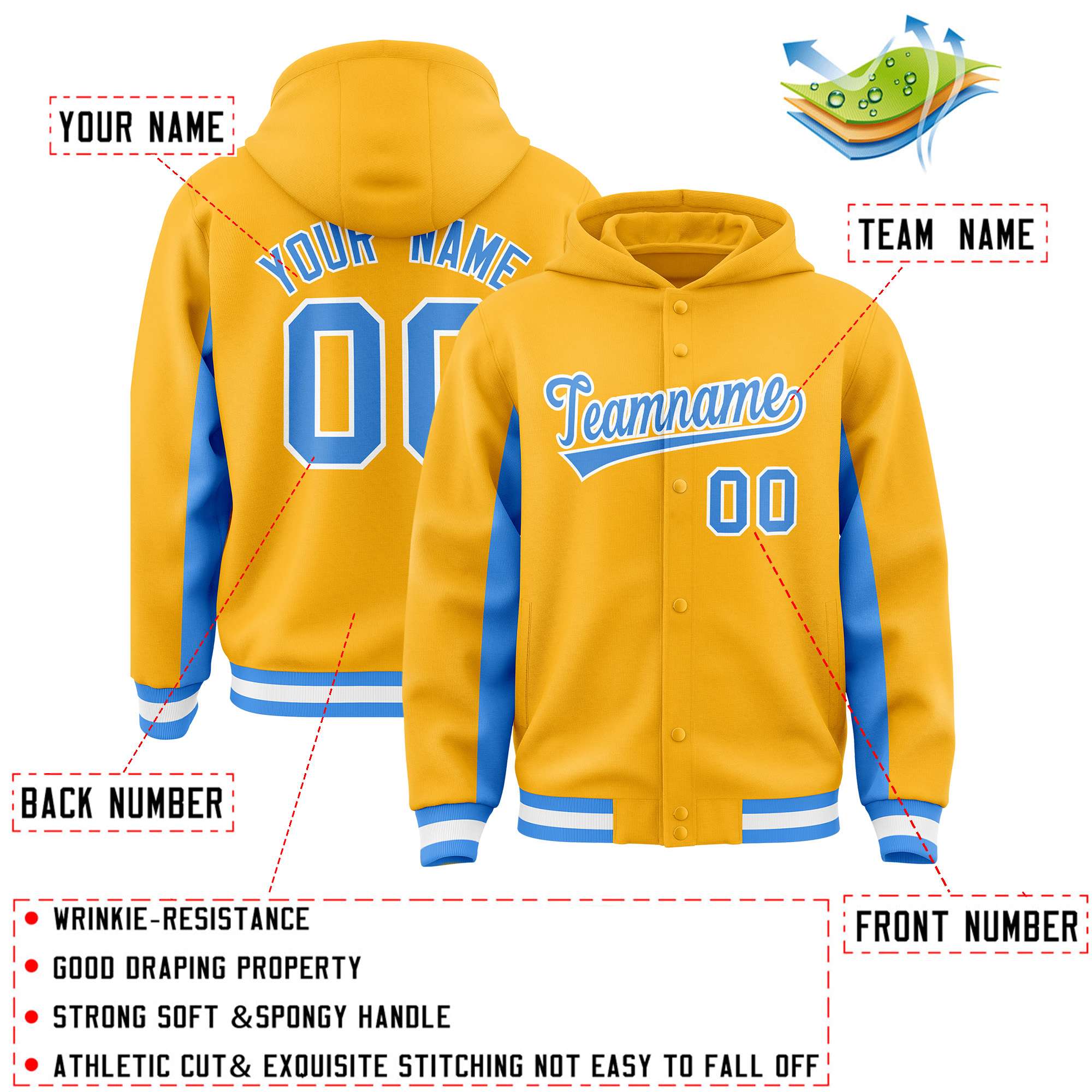 Custom Gold Powder Blue Color Block Varsity Full-Snap Letterman Hoodie Jacket