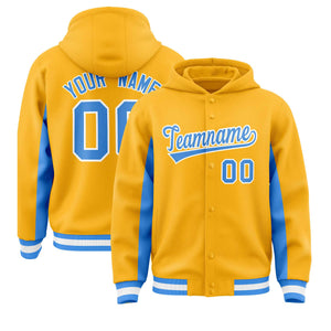 Custom Gold Powder Blue Color Block Varsity Full-Snap Letterman Hoodie Jacket