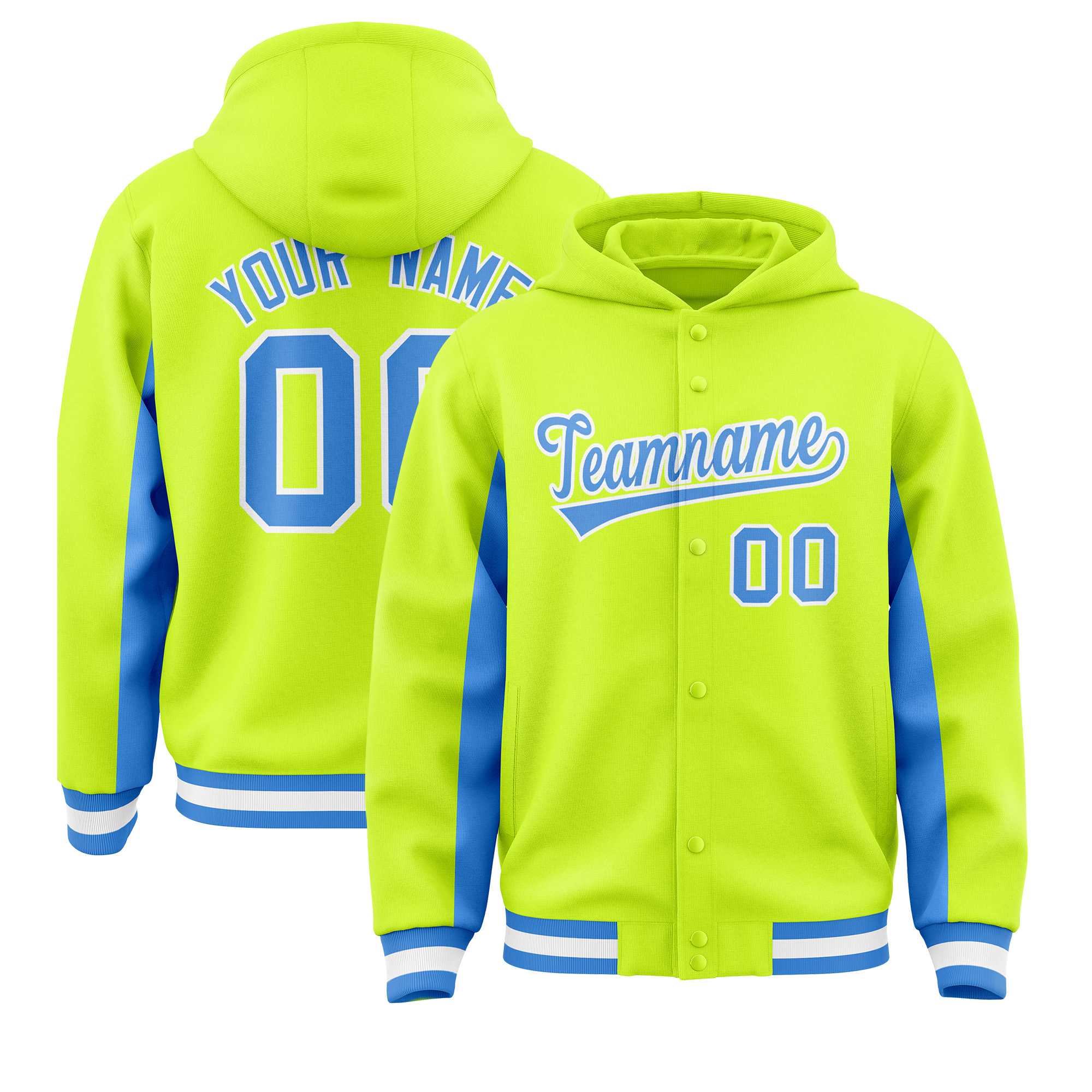 Custom Neon Green Powder Blue Color Block Varsity Full-Snap Letterman Hoodie Jacket