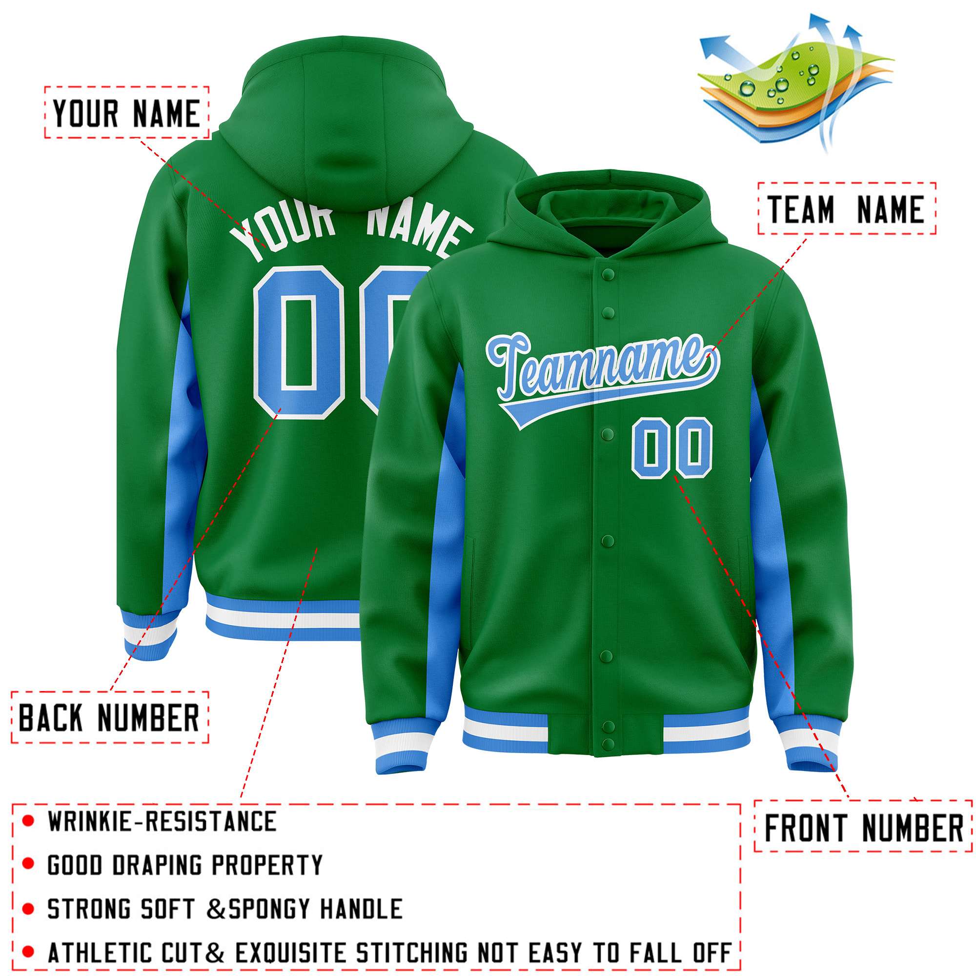 Custom Kelly Green Powder Blue Color Block Varsity Full-Snap Letterman Hoodie Jacket