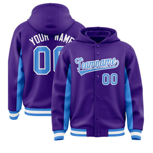 Custom Purple Powder Blue Color Block Varsity Full-Snap Letterman Hoodie Jacket