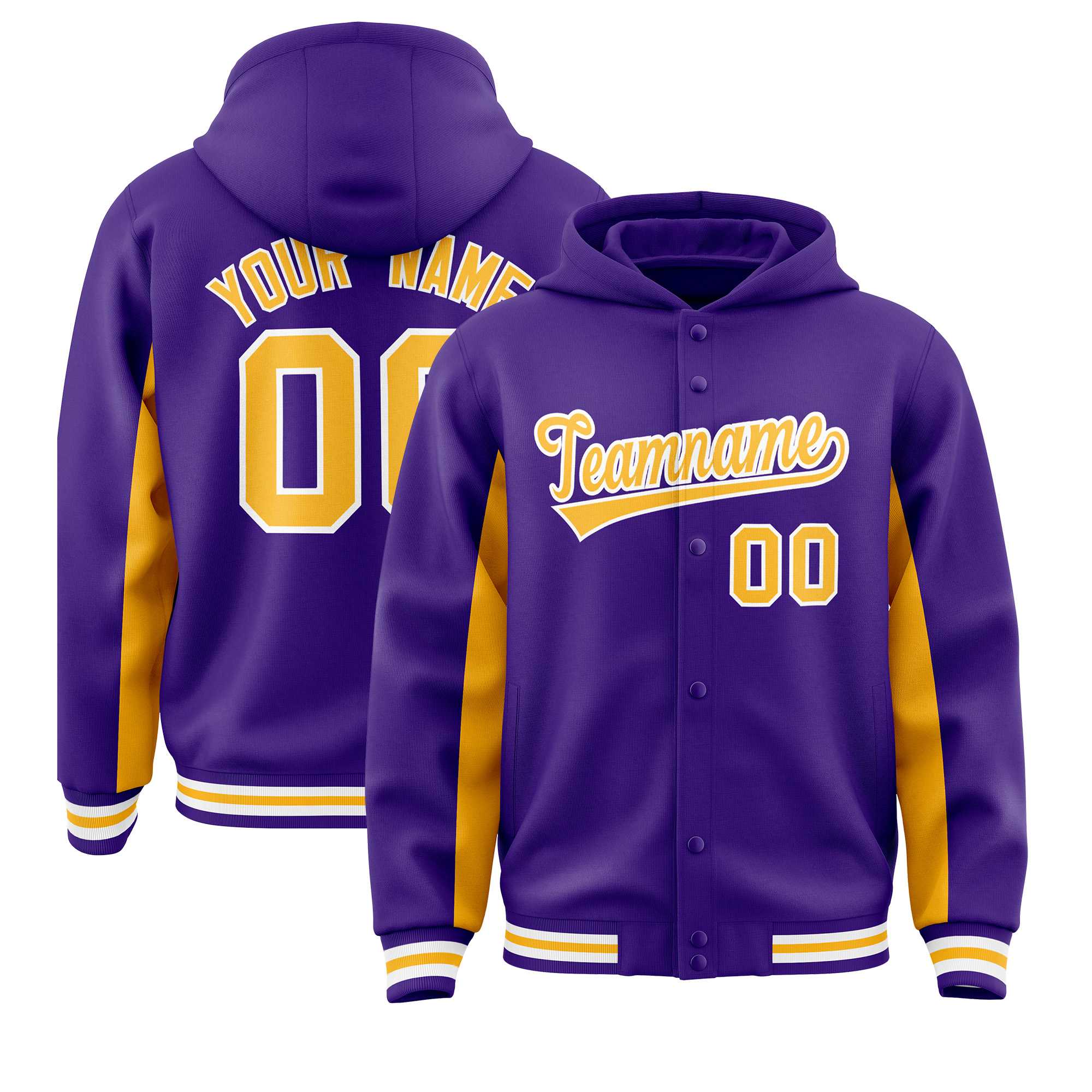 Custom Purple Gold Color Block Varsity Full-Snap Letterman Hoodie Jacket