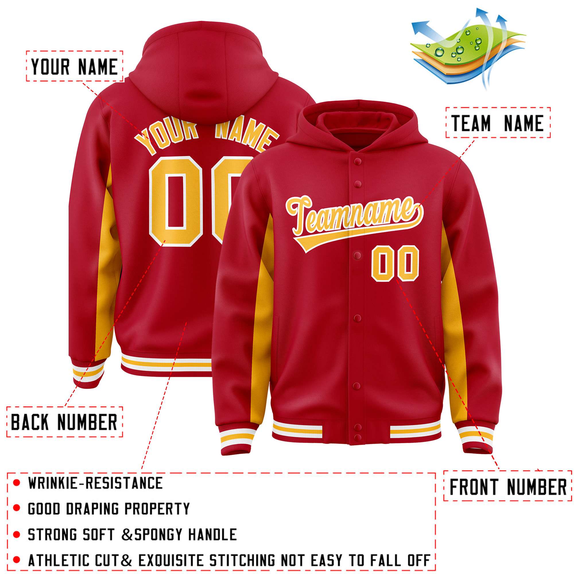 Custom Red Gold Color Block Varsity Full-Snap Letterman Hoodie Jacket