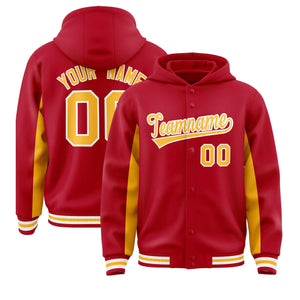 Custom Red Gold Color Block Varsity Full-Snap Letterman Hoodie Jacket