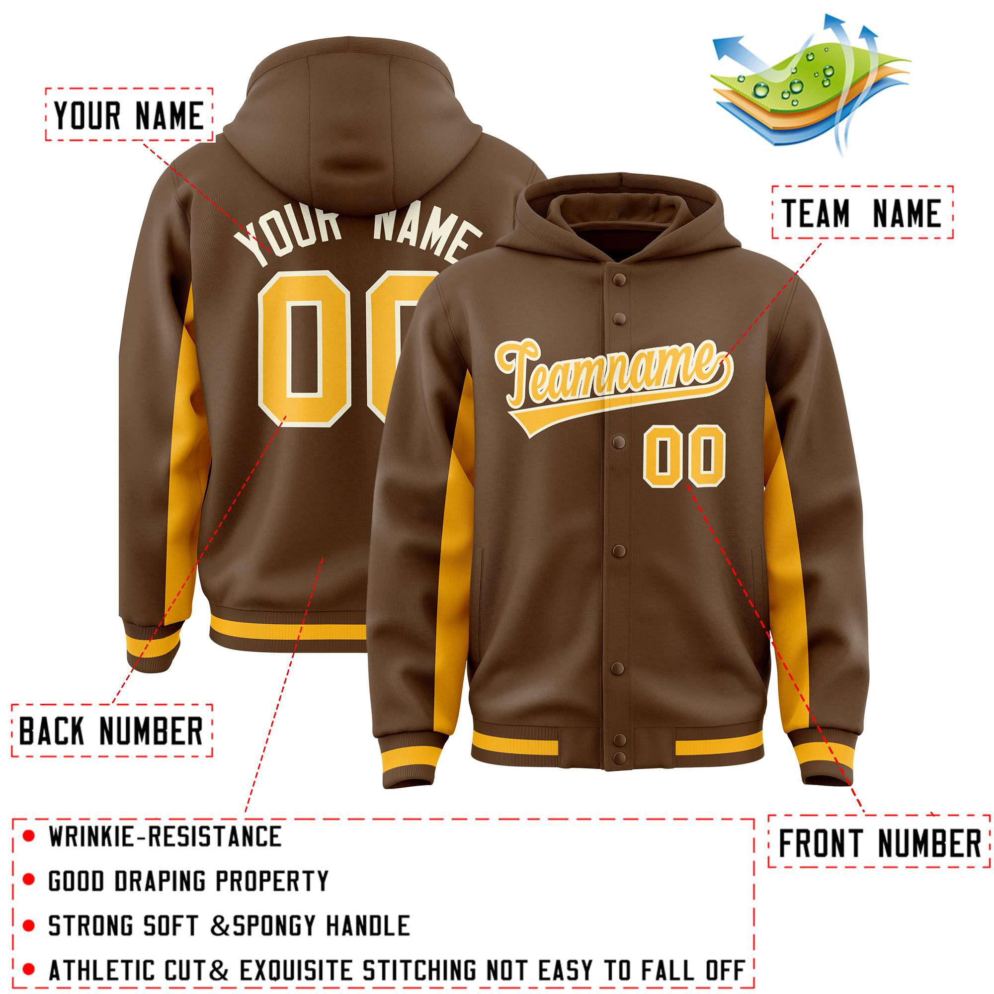 Custom Light Brown Gold Color Block Varsity Full-Snap Letterman Hoodie Jacket