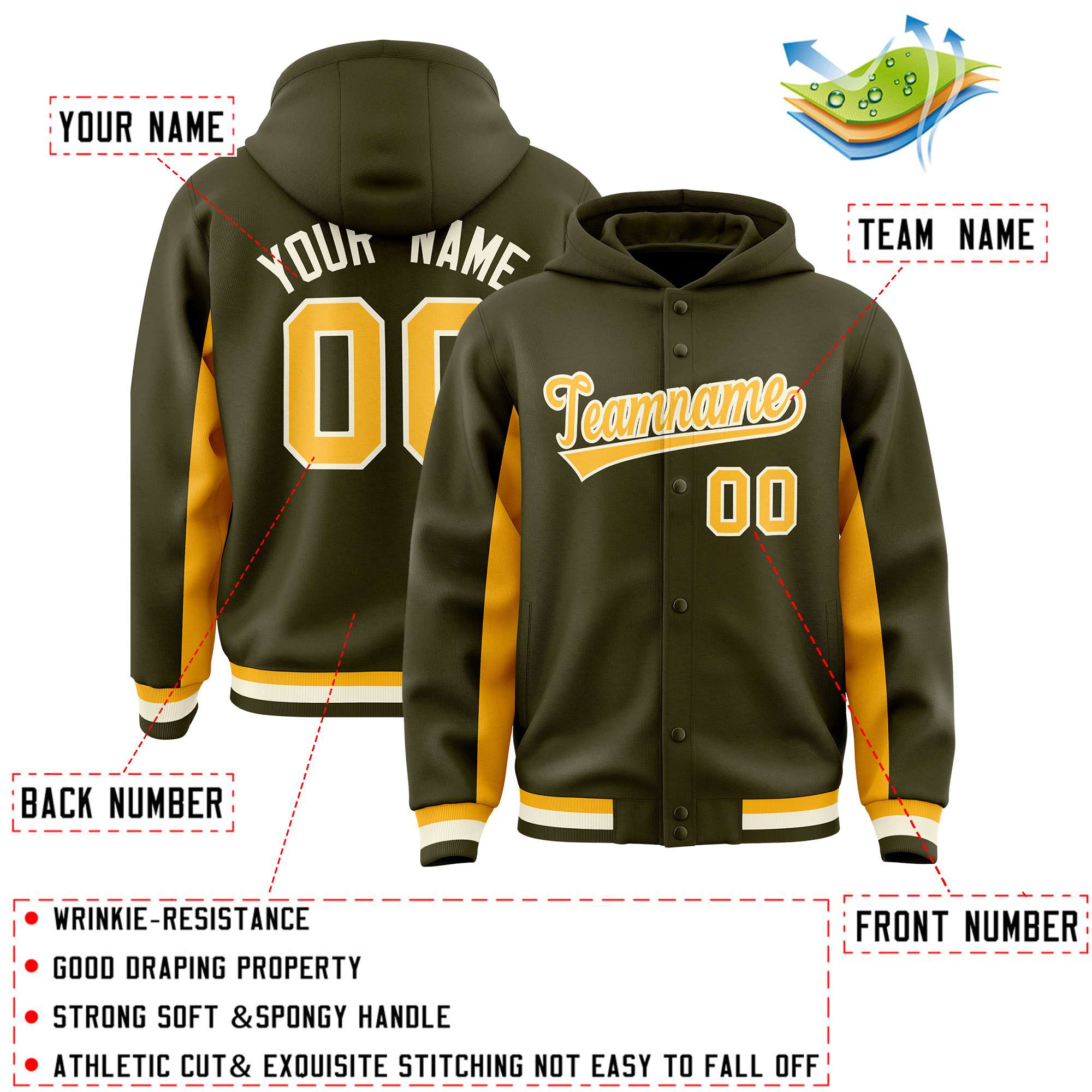 Custom Olive Gold Color Block Varsity Full-Snap Letterman Hoodie Jacket