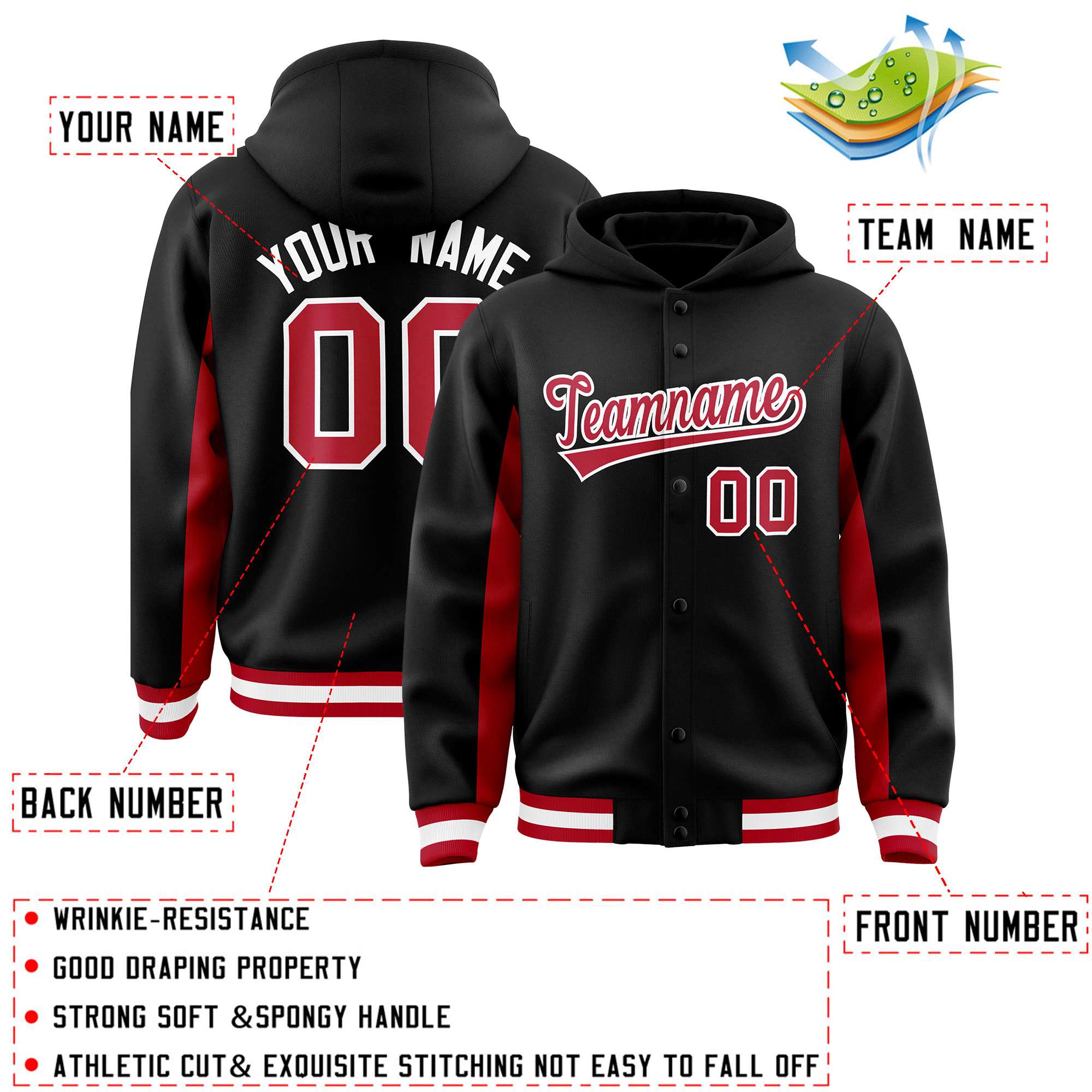 Custom Black Red Color Block Varsity Full-Snap Letterman Hoodie Jacket