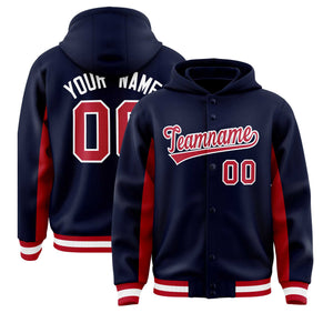 Custom Navy Red Color Block Varsity Full-Snap Letterman Hoodie Jacket