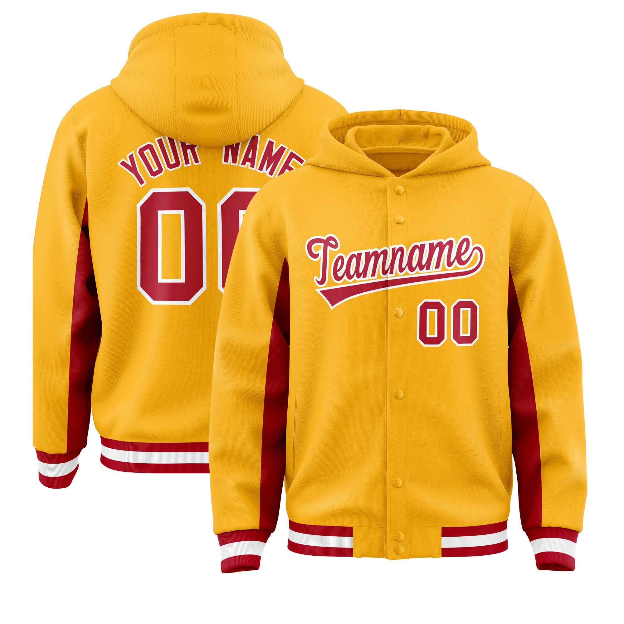 Custom Gold Red Color Block Varsity Full-Snap Letterman Hoodie Jacket