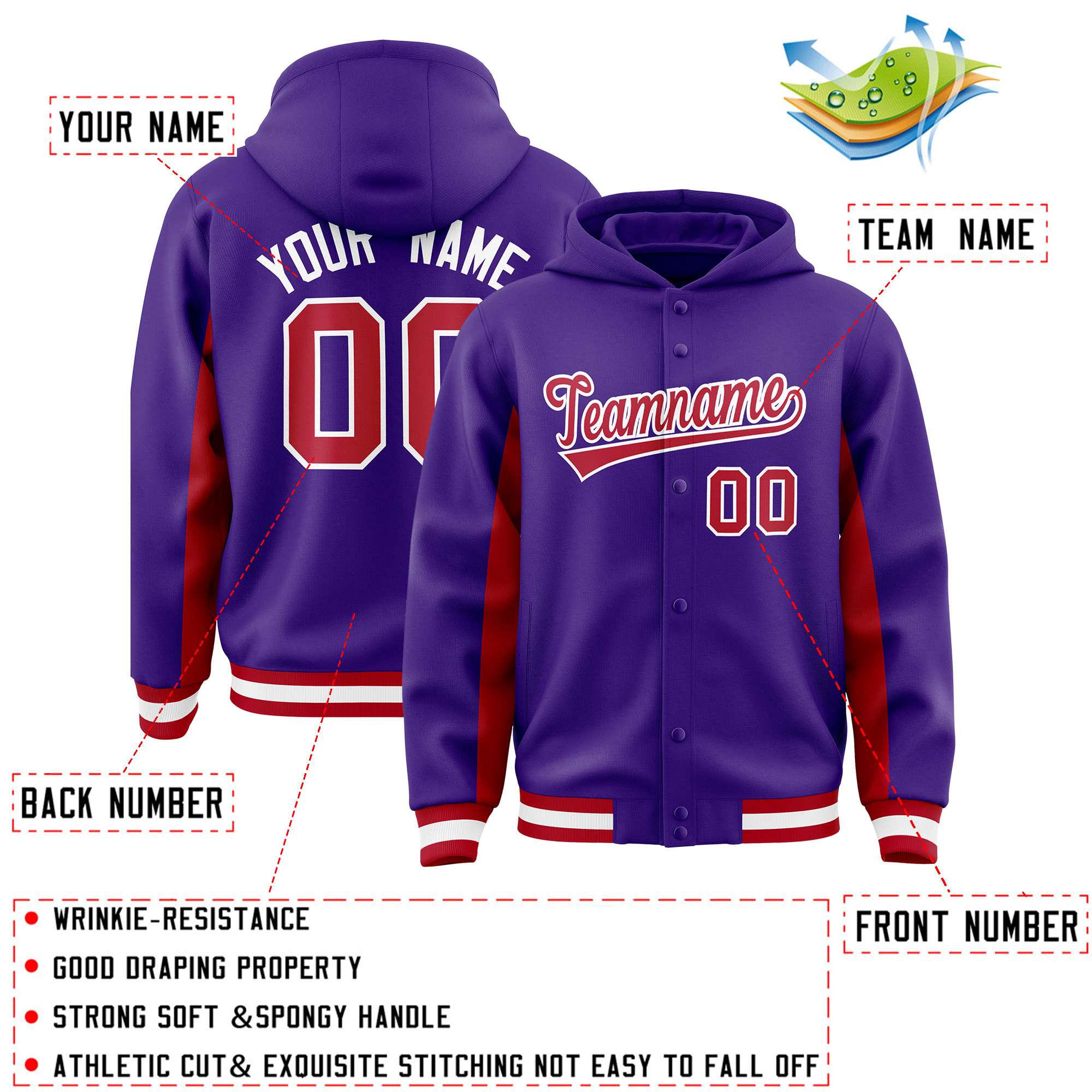 Custom Purple Red Color Block Varsity Full-Snap Letterman Hoodie Jacket